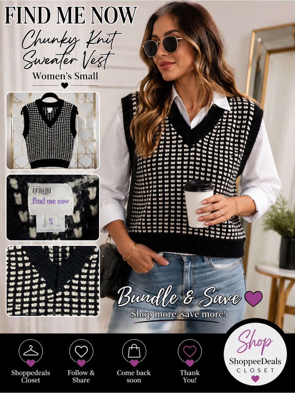 Find Me Now Chunky Knit Sweater Vest – Women’s Small – Black & Ivory Textured
